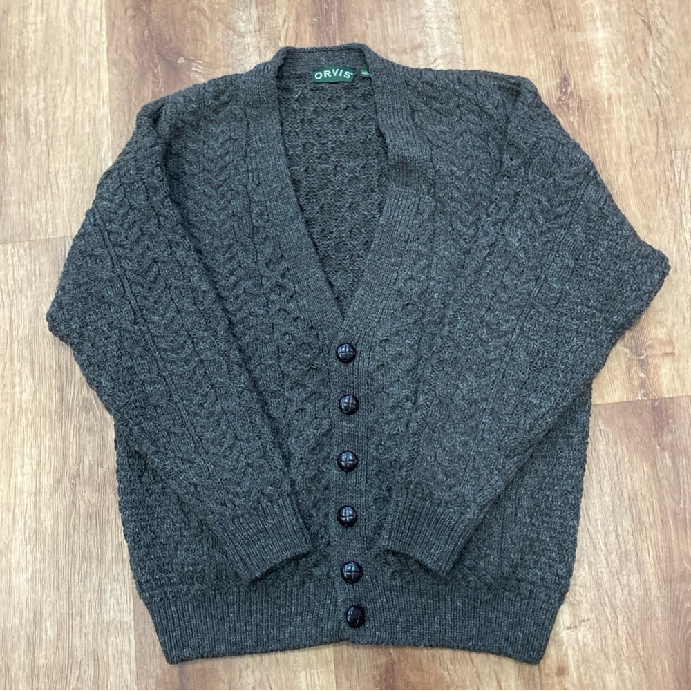 ORVIS Wool Fisherman Cardigan Sweater Mens M Brown Grandpacore Buttons Chunky